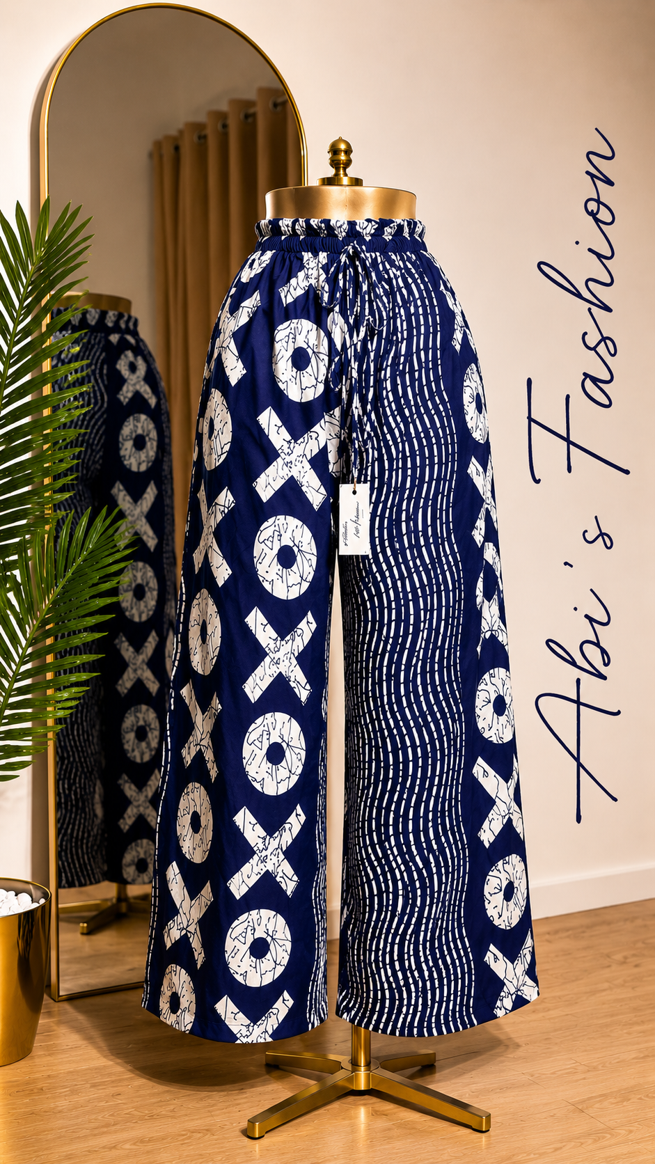 Navy and White Printed Wide-Leg Pants