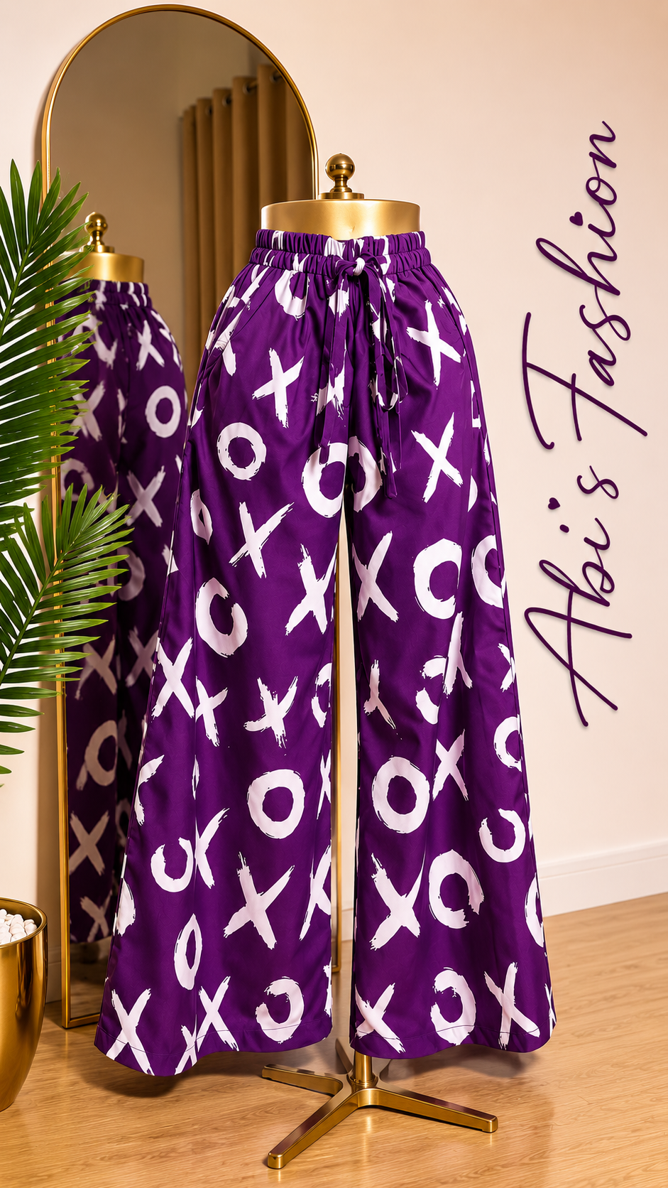 Purple X and O Print Wide-Leg Pants
