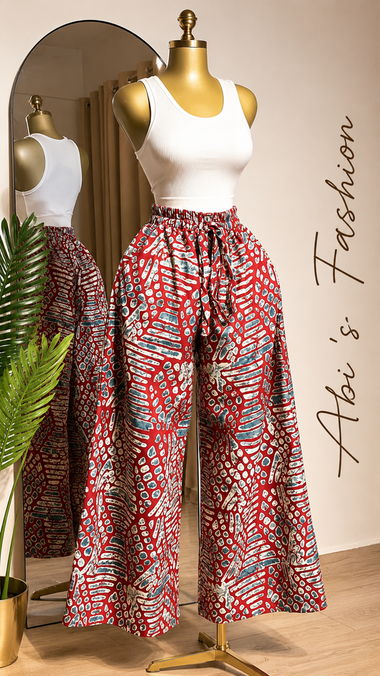 White Sleeveless Crop Top with Red Abstract Wide-Leg Pants