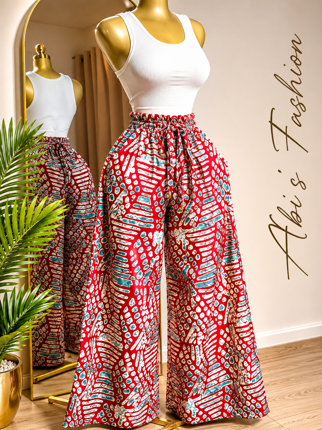 White Sleeveless Crop Top with Red Abstract Wide-Leg Pants