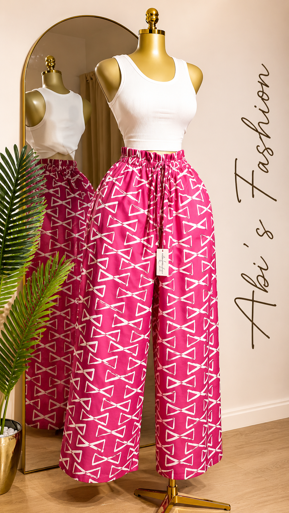 White Sleeveless Crop Top with Pink Geometric Wide-Leg Pants