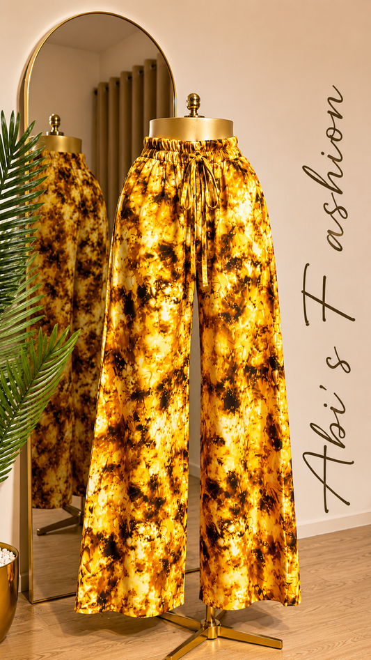 Golden Abstract Print Wide-Leg Pants