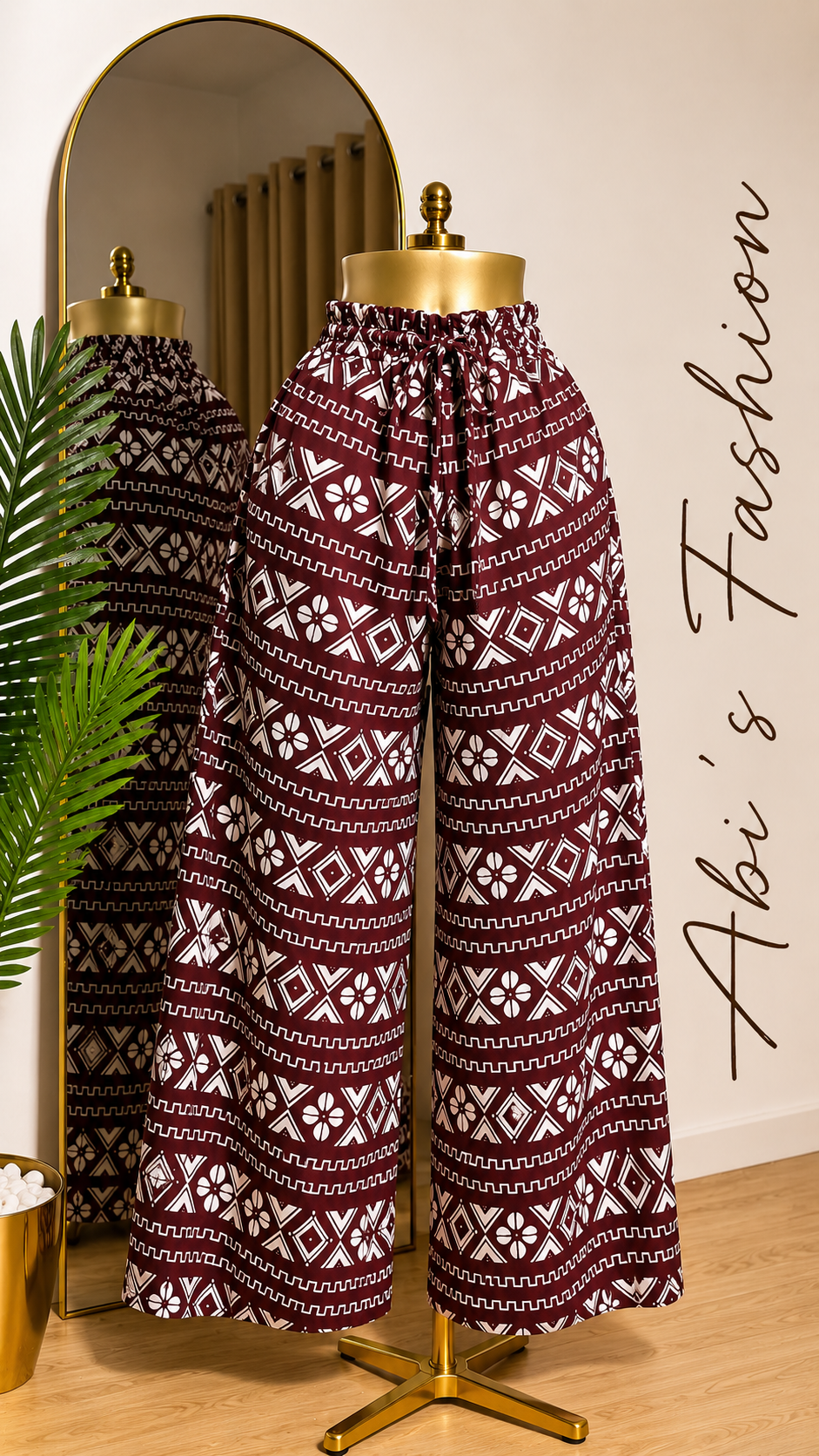 Burgundy Geometric Print Wide-Leg Pants