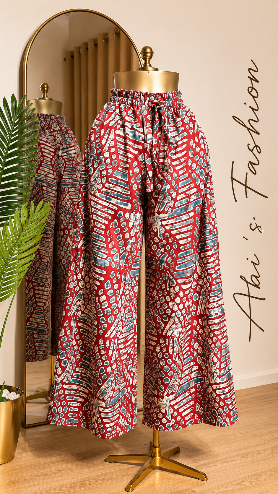 Red Abstract Print Wide-Leg Pants