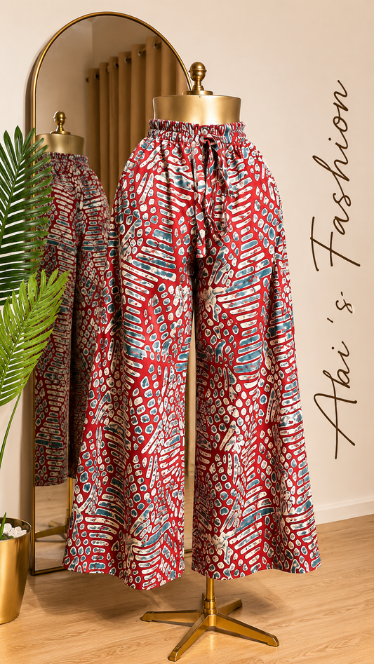 Red Abstract Print Wide-Leg Pants
