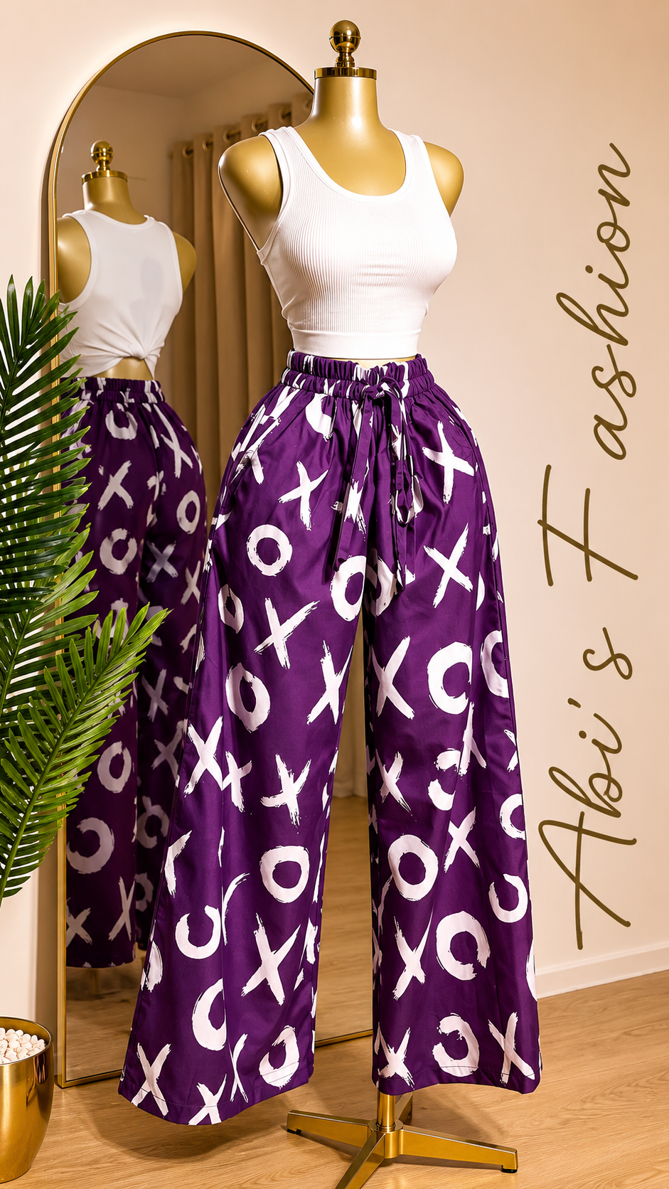 White Sleeveless Crop Top with Purple X and O Wide-Leg Pants