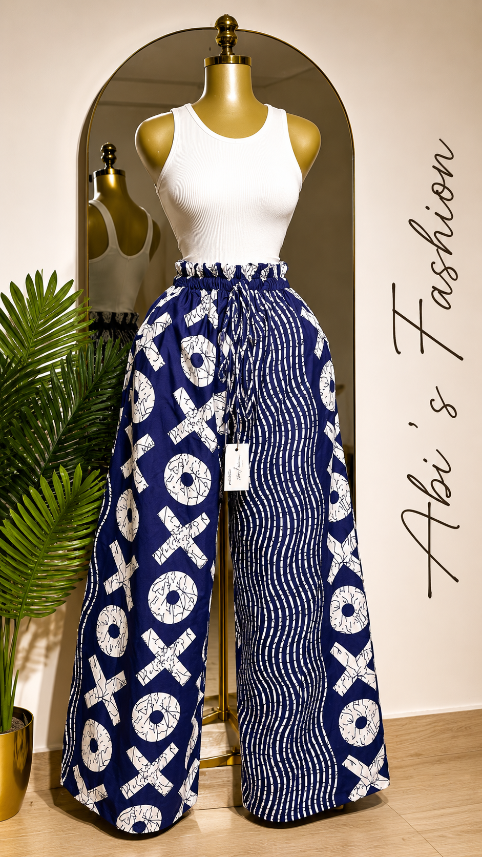 White Sleeveless Crop Top with Navy Mixed Print Wide-Leg Pants