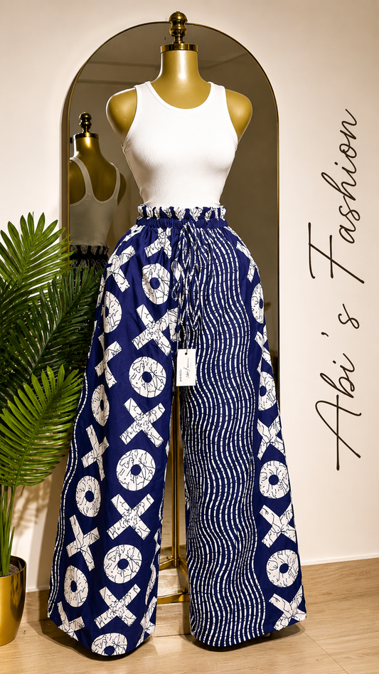 White Sleeveless Crop Top with Navy Mixed Print Wide-Leg Pants