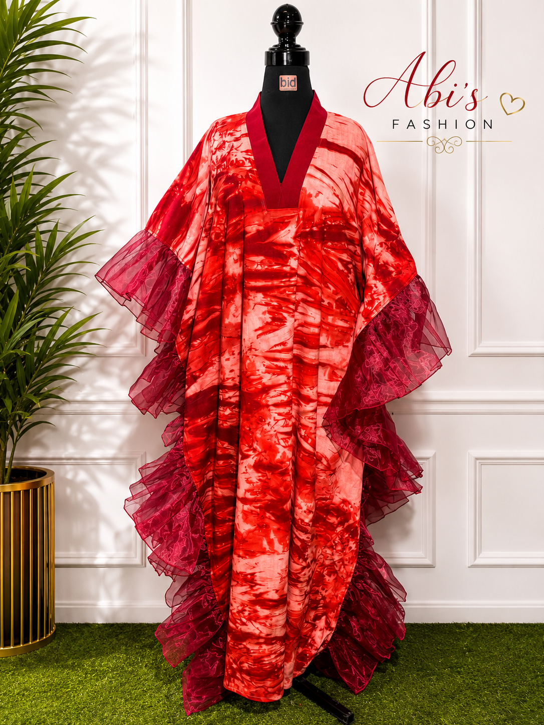 Elegant Red Tie-Dye Kaftan Gown