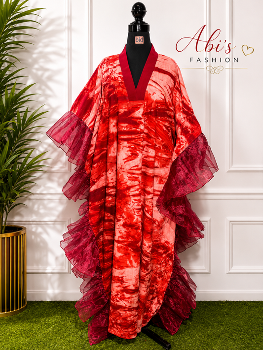 Elegant Red Tie-Dye Kaftan Gown
