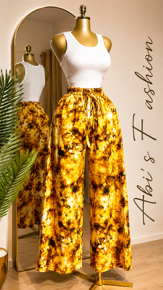 White Sleeveless Crop Top with Golden Abstract Wide-Leg Pants