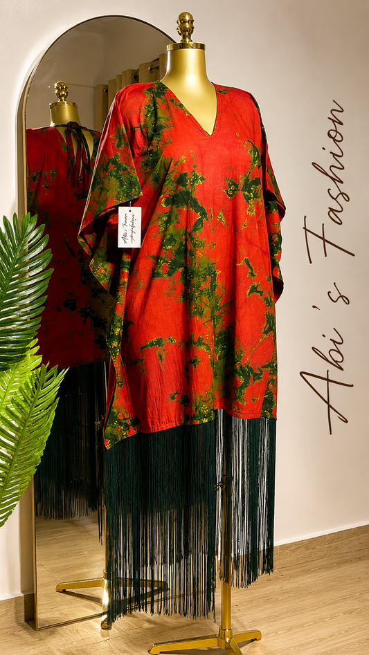 Red and Green Fringe Bubu Dress