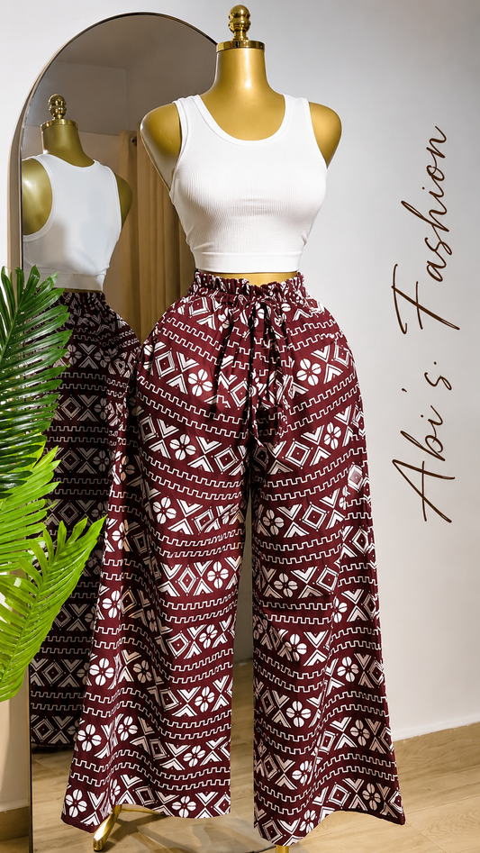 White Sleeveless Crop Top with Burgundy Geometric Wide-Leg Pants