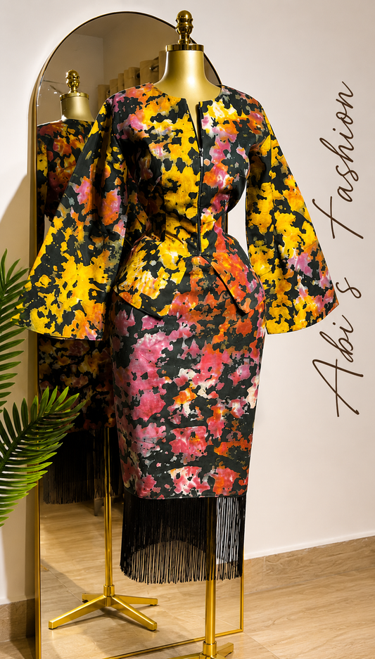 Abstract Print Peplum Top and Skirt Set