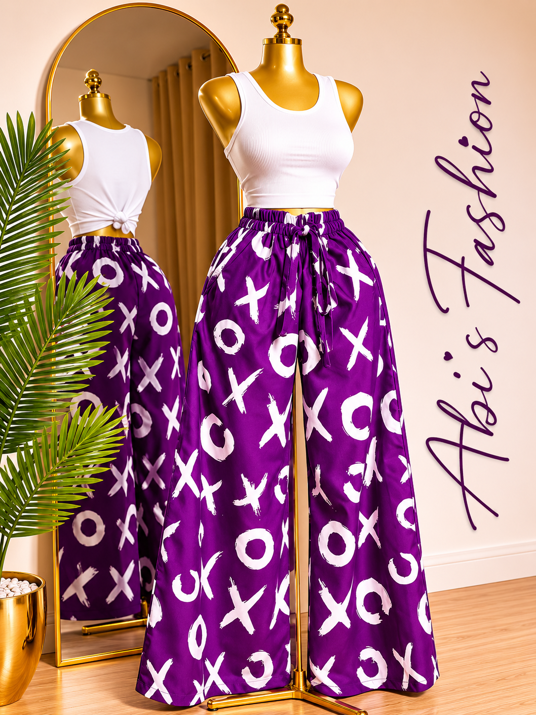 White Sleeveless Crop Top with Purple X and O Wide-Leg Pants