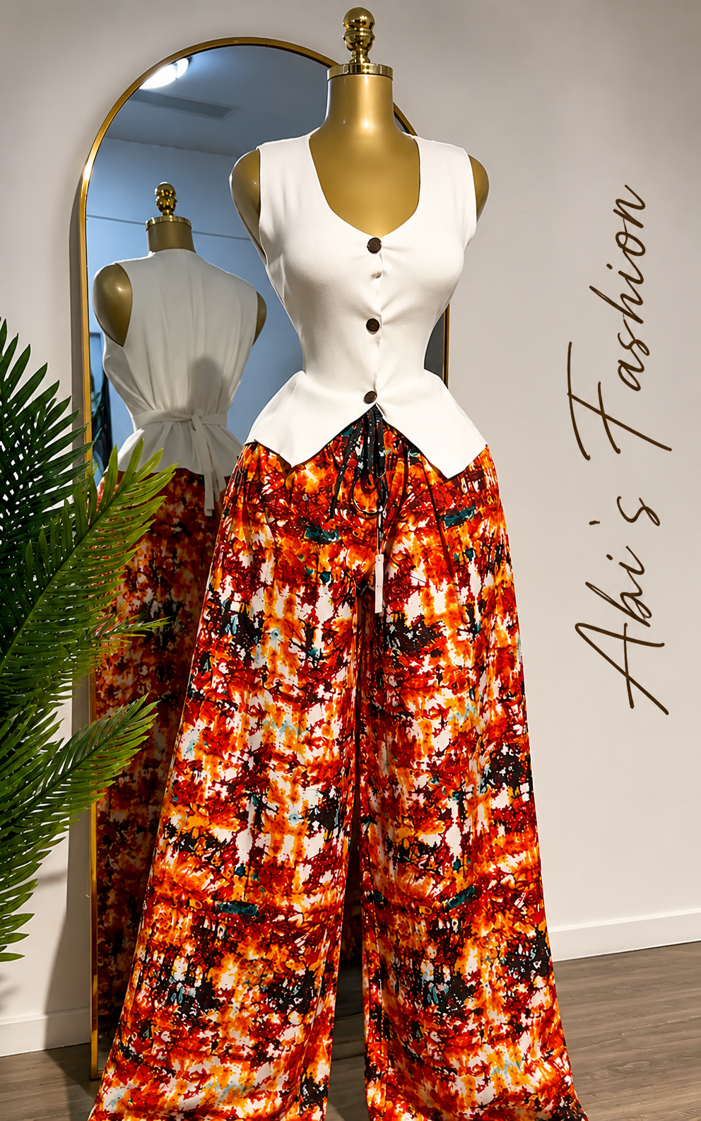 White Button-Front Vest with Red Abstract Wide-Leg Pants