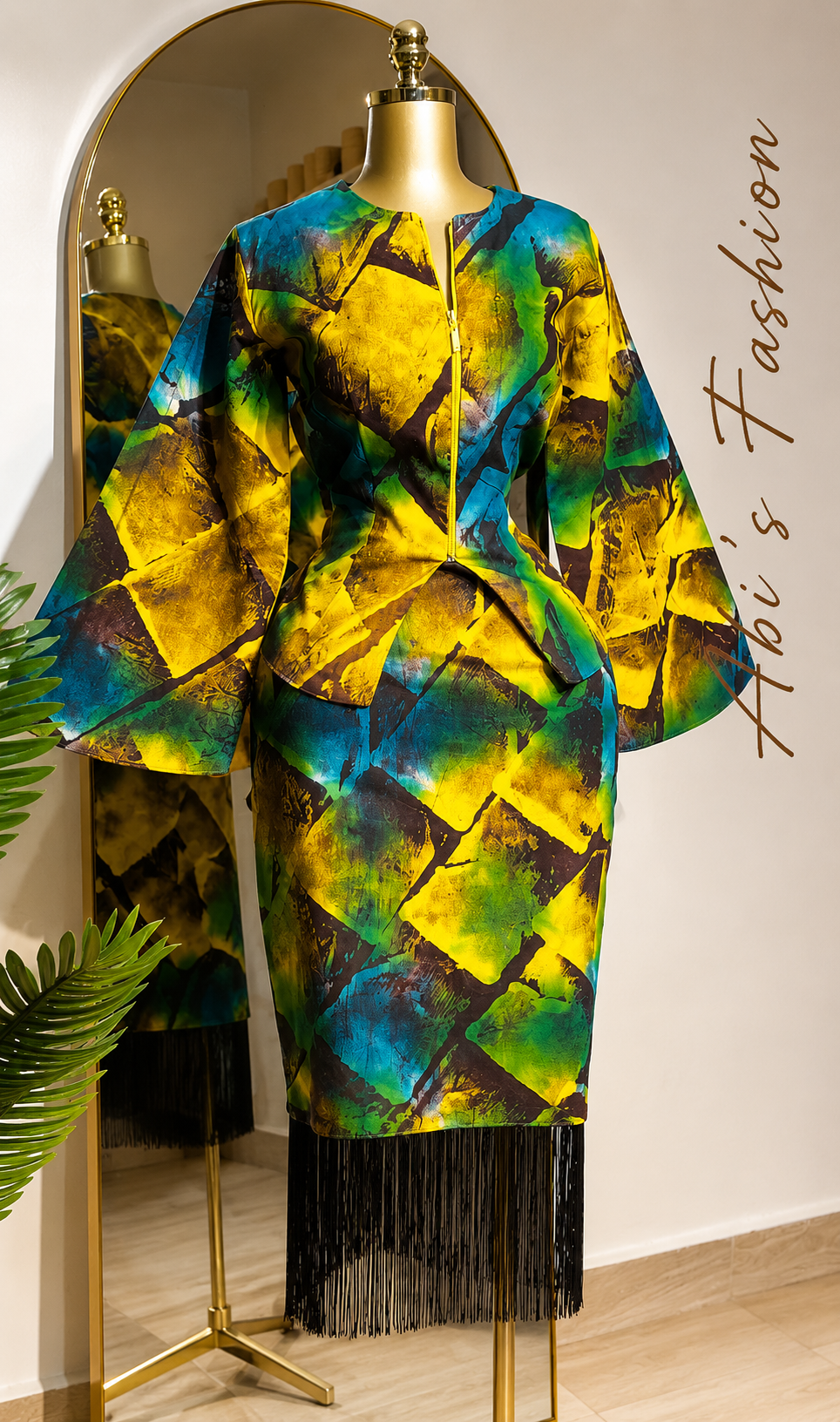 Green and Yellow Abstract Peplum Top and Skirt Set