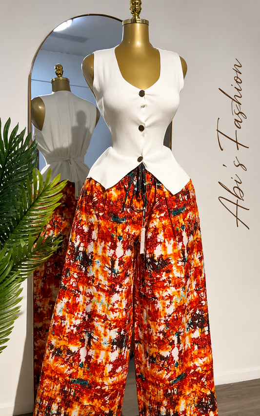 White Button-Front Vest with Red Abstract Wide-Leg Pants