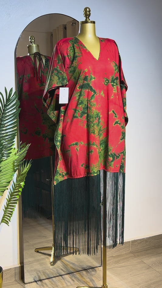 Red and Green Fringe Bubu Dress