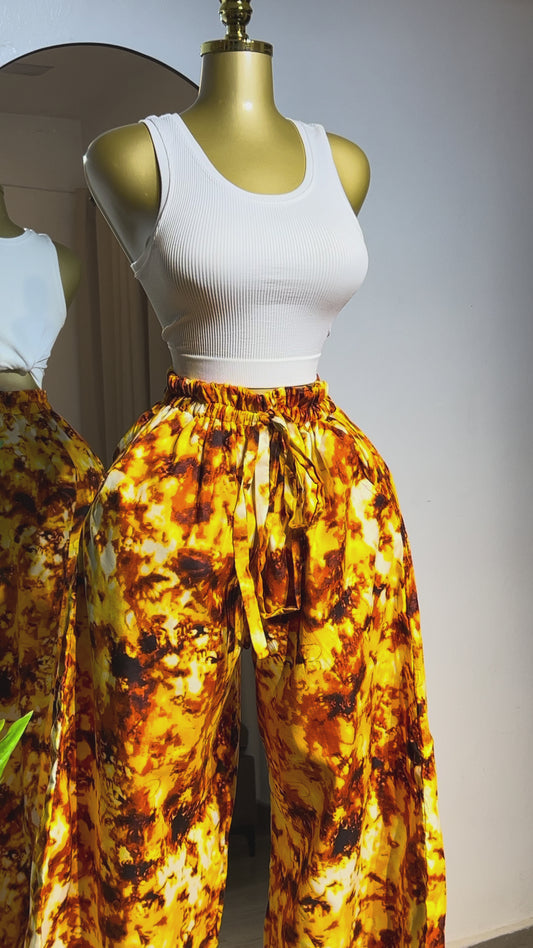 White Sleeveless Crop Top with Golden Abstract Wide-Leg Pants
