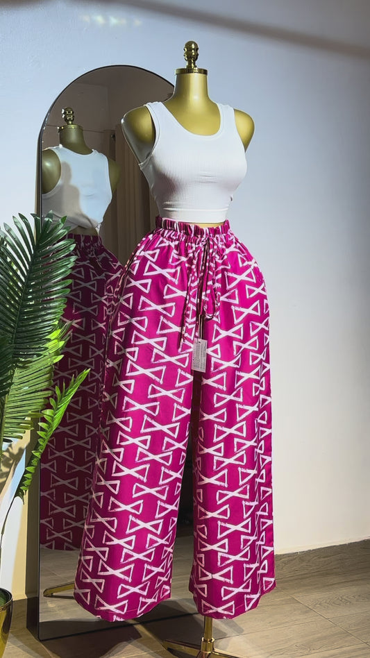 White Sleeveless Crop Top with Pink Geometric Wide-Leg Pants