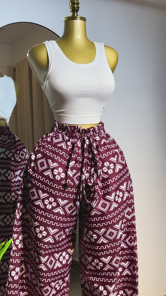 White Sleeveless Crop Top with Burgundy Geometric Wide-Leg Pants