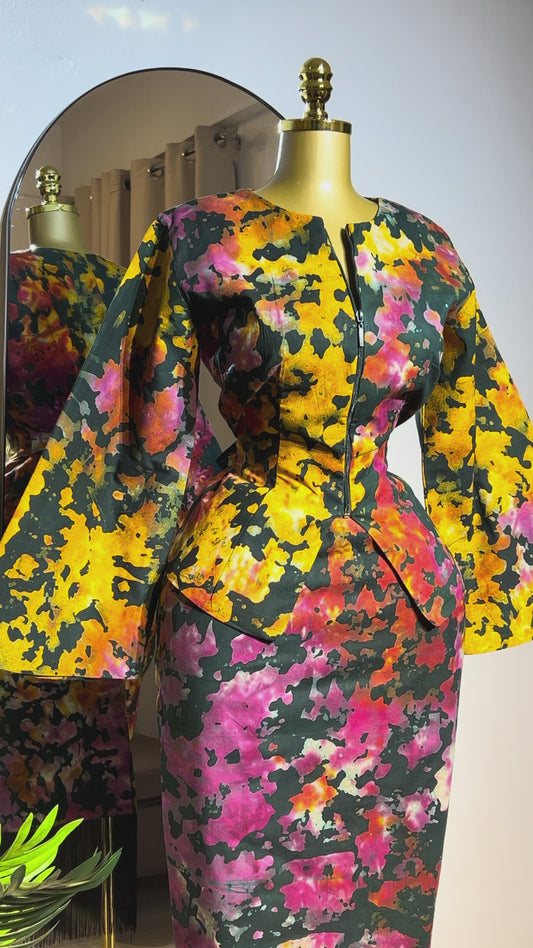 Abstract Print Peplum Top and Skirt Set
