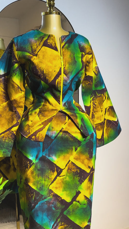 Green and Yellow Abstract Peplum Top and Skirt Set