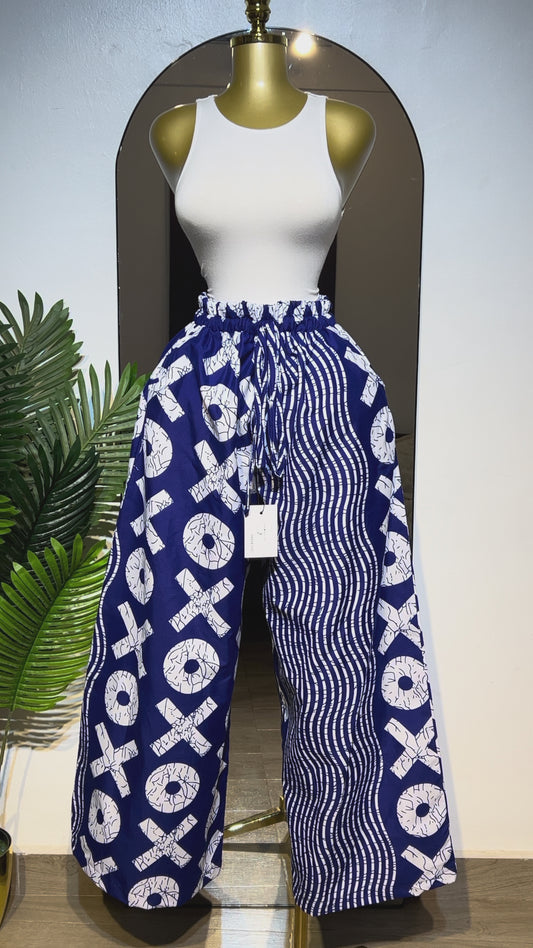 White Sleeveless Crop Top with Navy Mixed Print Wide-Leg Pants