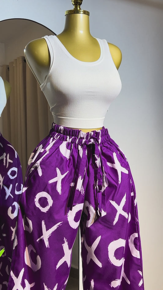 White Sleeveless Crop Top with Purple X and O Wide-Leg Pants